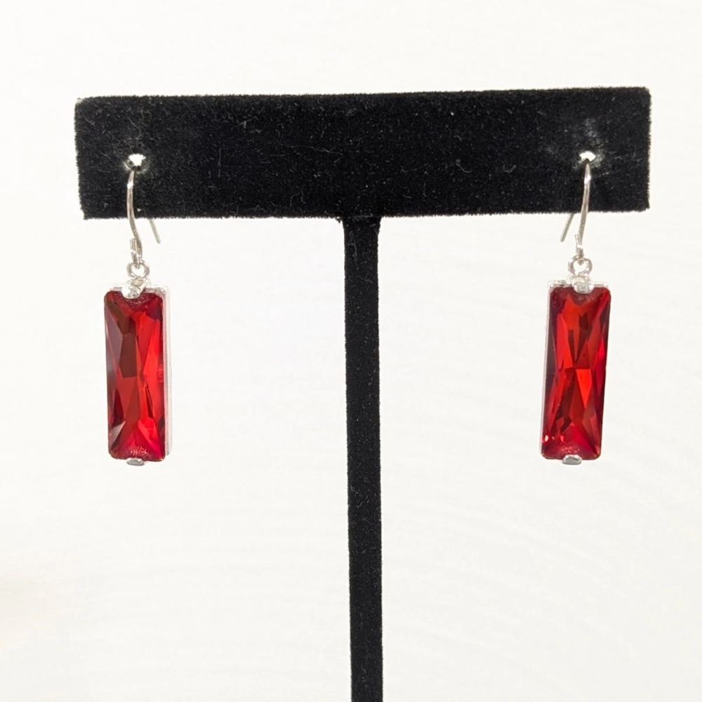 Silver Tone Metal Red Crystal Rectangular Drop Da… - image 5